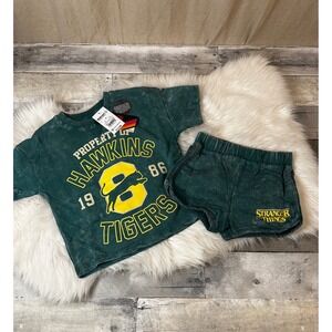 Stranger Things Hawkins Tigers Kids 4T Mineral Wash T-Shirt and Shorts Set Green